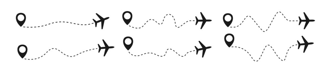 Fototapeta premium Plane with track set icon vector illustration. Plane route. Airplane path flat style vector icon