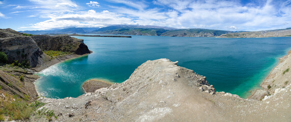 Sulak reservoir on a sunny day. Republic of Dagestan, Russian Federation