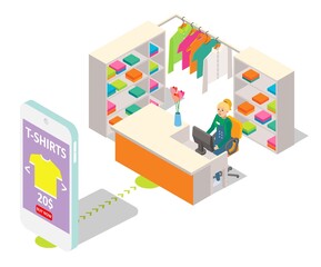 Internet store, online shopping with mobile app, ecommerce, vector isometric illustration.