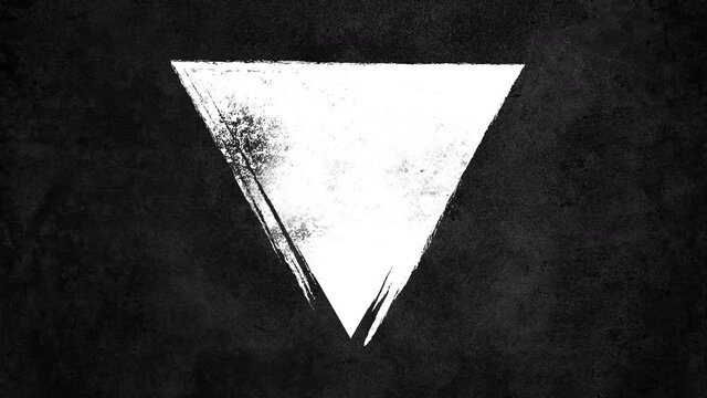 Abstract grunge dirty monochrome triangle shape on black background. Scratched damaged dynamic element in trendy vintage stop motion style. Seamless loop animation for design banner, stamp.