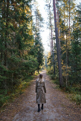 Fototapeta premium A woman traveler walks through the forest. Beautiful nature landscape in woods. Hiking journey on tourist trail. Outdoor adventure. Travel and exploration. Healthy lifestyle, leisure activities 