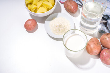 Alternative vegan potato milk, non-dairy creamy drink, with dried, raw and boiled potato 