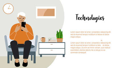 Happy grandpa is busy with a mobile phone sitting in a chair in the living room. Relax and work at home.