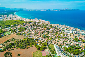 Cityscape and beach drone landscape panorama Can Picafort Mallorca Spain.