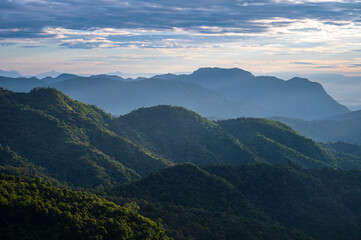 Beautiful sunrise over the mountain range at Khao Kho, Thailand.