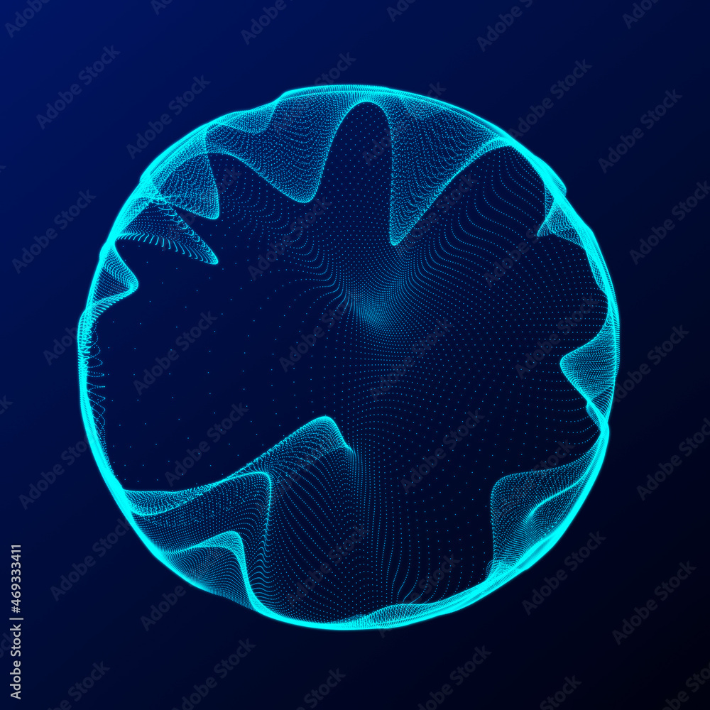 Poster spherical equalizer for music. round sound wave of particles. musical abstract blue background. 3d r