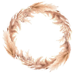 Tropical floral frame of pampas grass, dried palm leaf, rose flower. Trendy bohemian style. Watercolour greeting card, banner, template