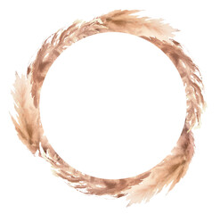 Tropical floral frame of pampas grass, dried palm leaf, rose flower. Trendy bohemian style. Watercolour greeting card, banner, template