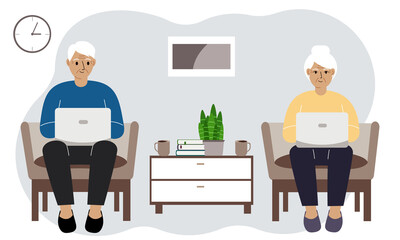 The family spends time together at home, grandparents are relaxing in the living room using a laptop. Family evening modern pensioners