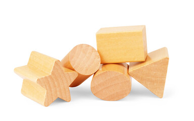 Photo of a wooden toy children's sorter with small wooden details in the form of geometric shapes (rectangle, square, circle, triangle), in different colors on a white isolated background