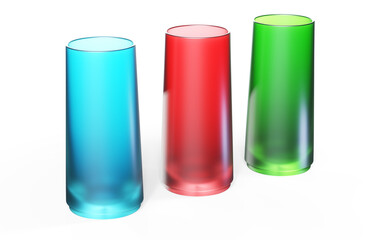Ten glasses with different color liquids on white background with reflections and shadows. 3d render