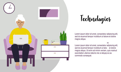 Grandmother is sitting with a laptop on an armchair at home. I work on a computer. Online education, training or social media concept.