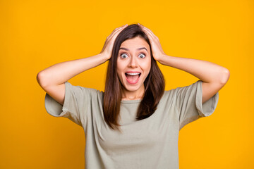 Photo of young happy excited crazy amazed surprised shocked girl see big sale black friday isolated on yellow color background