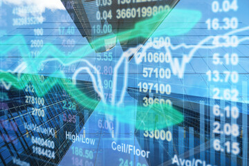Stock market chart with information over the Modern business building glass of skyscrapers, business economy trading and finance concept