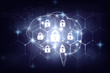 Security key lock icon digital display over the world map and Hexagon shape on  the Artificial intelligence of brain technolog with dark blue background, business technology securities and AI concept