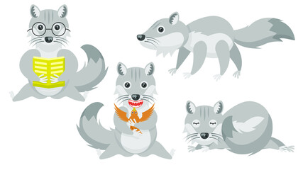 Set Abstract Collection Flat Cartoon 
Different Animal Wolves Wolf Sleeping, Walk, Reading Book, Eating Bird Vector Design Style Elements Fauna Wildlife