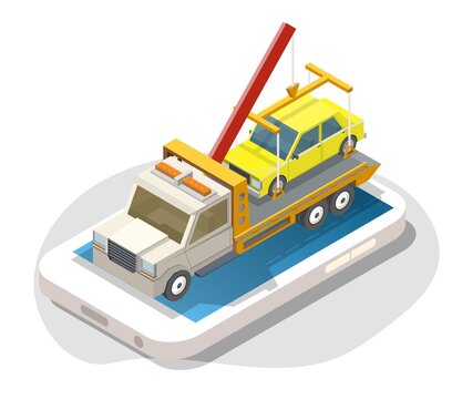 Isometric smartphone with yellow car on tow truck on screen. Roadside assistance, car towing online service, vector.