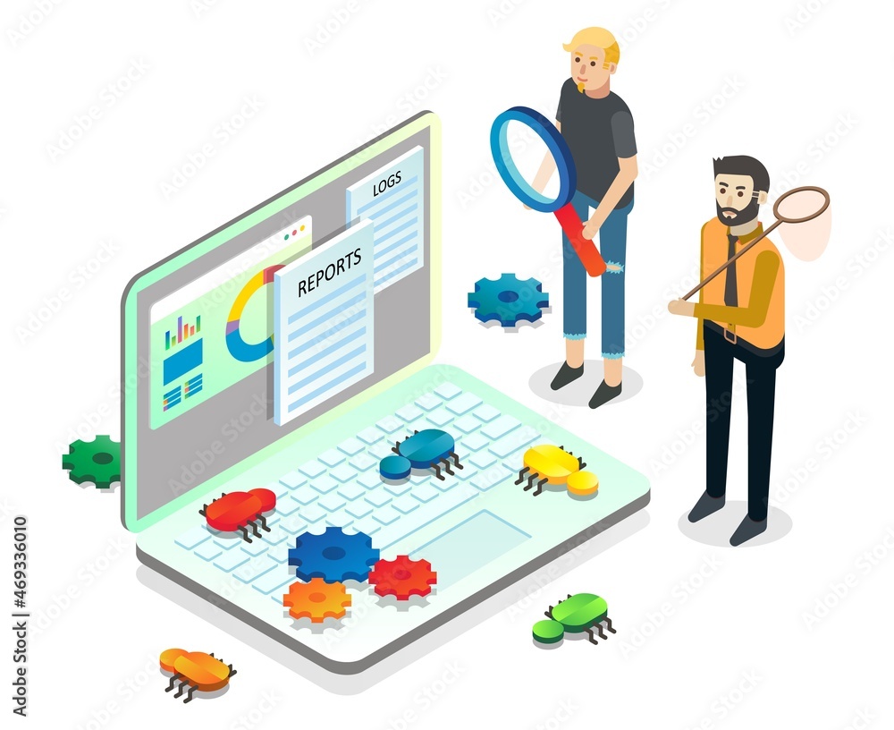 Aufkleber people catching bugs on computer screen, vector isometric illustration. software testing, quality as