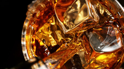 Top shot of pouring whisky into glass with ice cubes