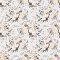 Floral abstract seamless pattern drawn delicate bouquets of roses with herbs . Beautiful print for decoration of textiles and design. Flower background. Art drawing for surface. Tenderness decor.