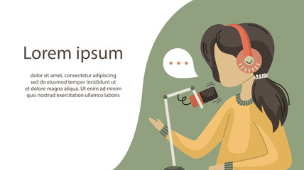 Vector illustration of a girl recording a podcast. The blogging. A modern profession. Flat style illustration with a place for text