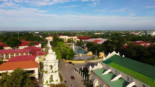 st paul cathedral in vigan city, philippines. Vigan Cathedral's Spanish colonial bell tower. City landscape in the morning, view from above.