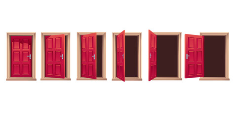 Cartoon doors open animation. Opened and closed home door in different positions. Isolated vector illustrations set