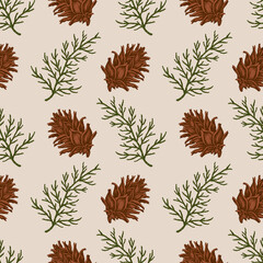 Seamless pattern with green cypress branch and pine cone