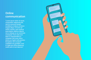 Online communication.A person using a smartphone sends a message, social networks and messengers.Poster in business style.Flat vector illustration.