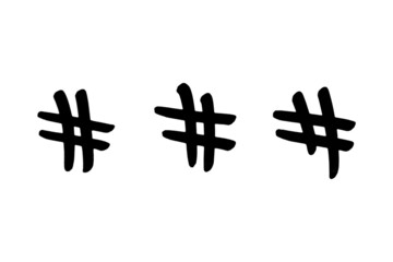 Obraz premium Hashtag signs. Number sign, hash, or pound sign. Collection of 3 black hand painted symbols isolated on a white background.