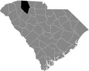 Black highlighted location map of the Spartanburg County inside gray administrative map of the Federal State of South Carolina, USA