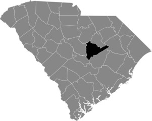 Black highlighted location map of the Sumter County inside gray administrative map of the Federal State of South Carolina, USA
