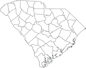 White blank vector administrative map of the Federal State of South Carolina, USA with black borders of its counties