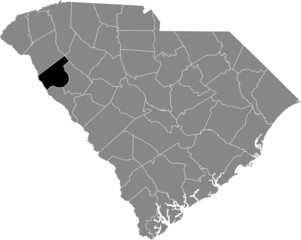 Black highlighted location map of the Abbeville County inside gray administrative map of the Federal State of South Carolina, USA