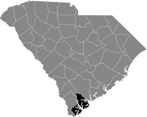 Black highlighted location map of the Beaufort County inside gray administrative map of the Federal State of South Carolina, USA