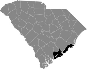 Black highlighted location map of the Charleston County inside gray administrative map of the Federal State of South Carolina, USA