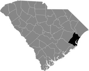 Black highlighted location map of the Georgetown County inside gray administrative map of the Federal State of South Carolina, USA