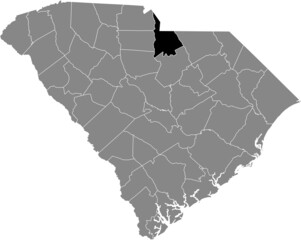 Black highlighted location map of the Lancaster County inside gray administrative map of the Federal State of South Carolina, USA