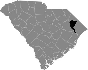 Black highlighted location map of the Marion County inside gray administrative map of the Federal State of South Carolina, USA