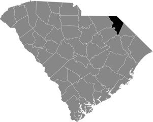 Black highlighted location map of the Marlboro County inside gray administrative map of the Federal State of South Carolina, USA