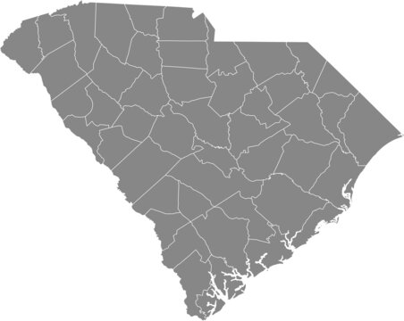 Gray vector administrative map of the Federal State of South Carolina, USA with white borders of its counties