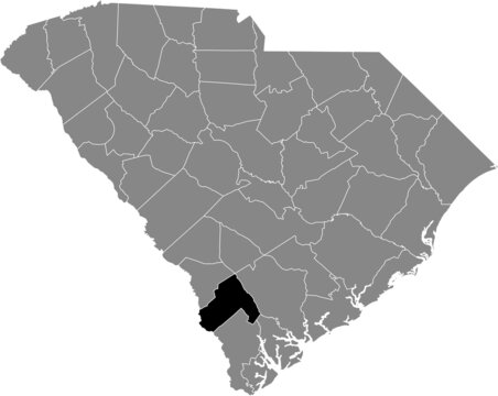 Black Highlighted Location Map Of The Hampton County Inside Gray Administrative Map Of The Federal State Of South Carolina, USA