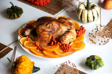 Traditional festive dinner with delicious roasted turkey served on table
