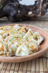 Gyoza with sesame seeds and micro greens in a ceramic bowl on a wooden table. Rustic style. Traditional Orietnal food concept. Horisontal orientation. Close up. Selective focus.
