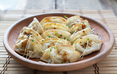 Gyoza with sesame seeds and micro greens in a ceramic bowl on a wooden table. Rustic style. Traditional Orietnal food concept. Close up. Selective focus.