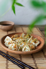 Gyoza with sesame seeds and micro greens in a ceramic bowl with bamboo sticks on a wooden table. Rustic style. Traditional Orietnal food concept. Vertical orientation. Selective focus.