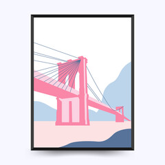 Travel poster post card vintage template. Limited colors, no gradients. Vector illustration. Brooklyn Bridge, New York, USA