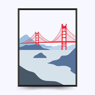 Travel poster post card vintage template. Limited colors, no gradients. Vector illustration. Golden Gate Bridge, San Francisco, USA.