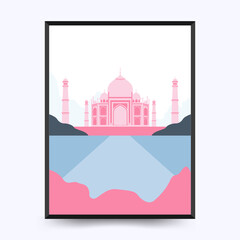 Travel poster post card vintage template. Limited colors, no gradients. Vector illustration. Taj Mahal,  Agra, Uttar Pradesh, India