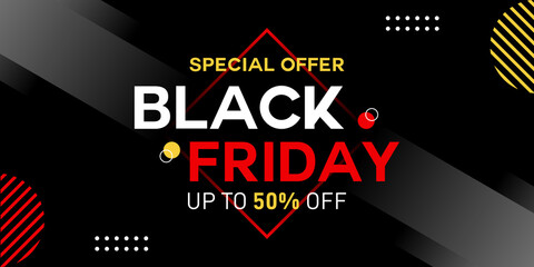 Lettering Black friday sale banner on black background. Black friday Sale with discount 50%. For art template design, brochure style, banner, flyer, book, blank, card, poster.